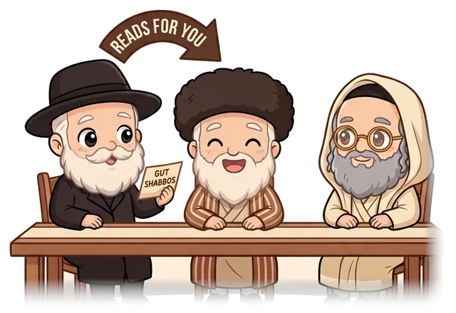 Three rabbis at the Shabbos table, one reading a Gut Shabbos card aloud