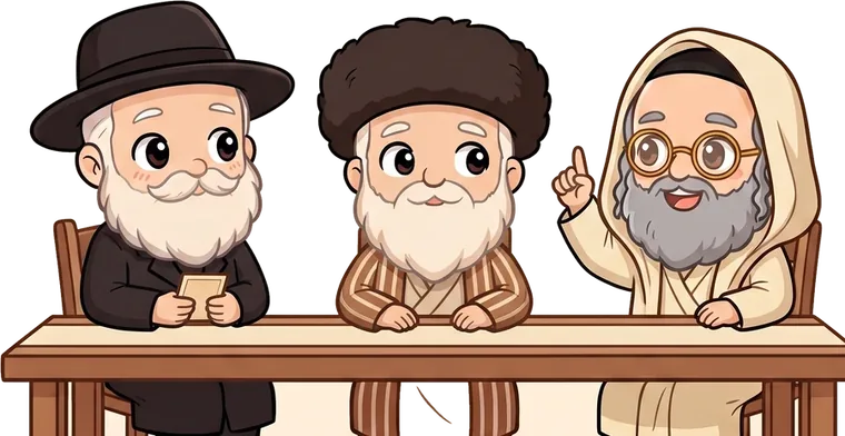 Three cartoon rabbis at the table, one raising his hand to answer a Gut Shabbos card