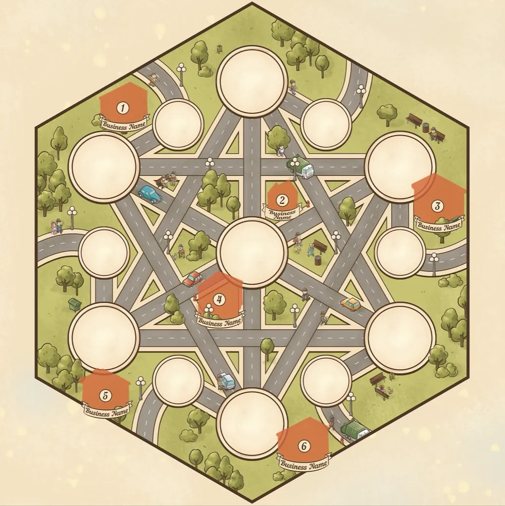 Example region board showing numbered business spaces where sponsors are placed