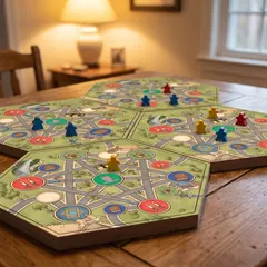 Gut Shabbos four board tiles arranged with player pieces