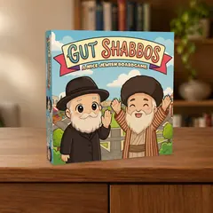Gut Shabbos box standing on a sideboard beside Shabbos candlesticks