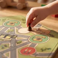 Close-up of a child placing a pawn on the Gut Shabbos board